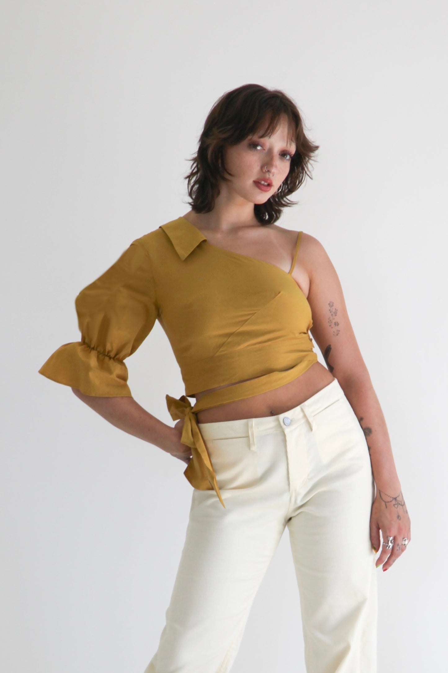 The Mirah Aysmmetrical Puff Sleeve Wrap Top